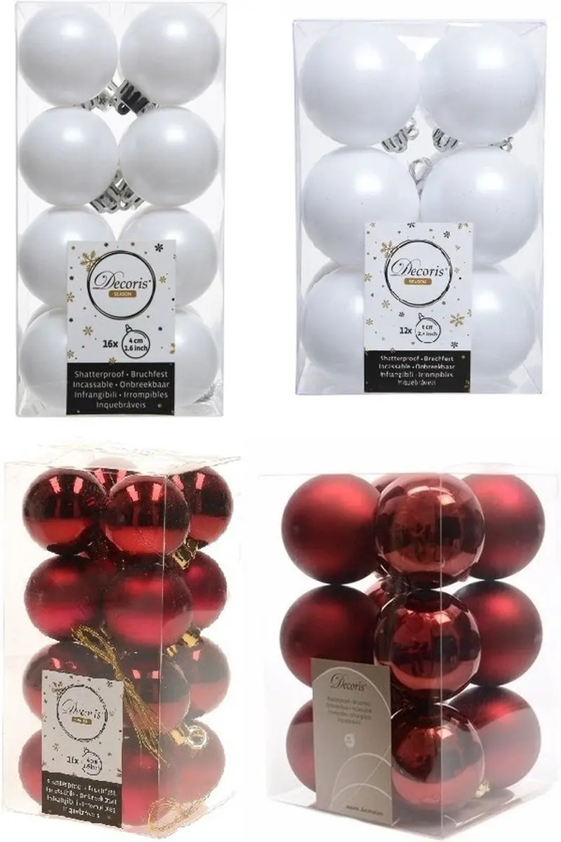 Kerstversiering kunststof kerstballen kleuren mix winter wit/donkerrood 4 en 6 c