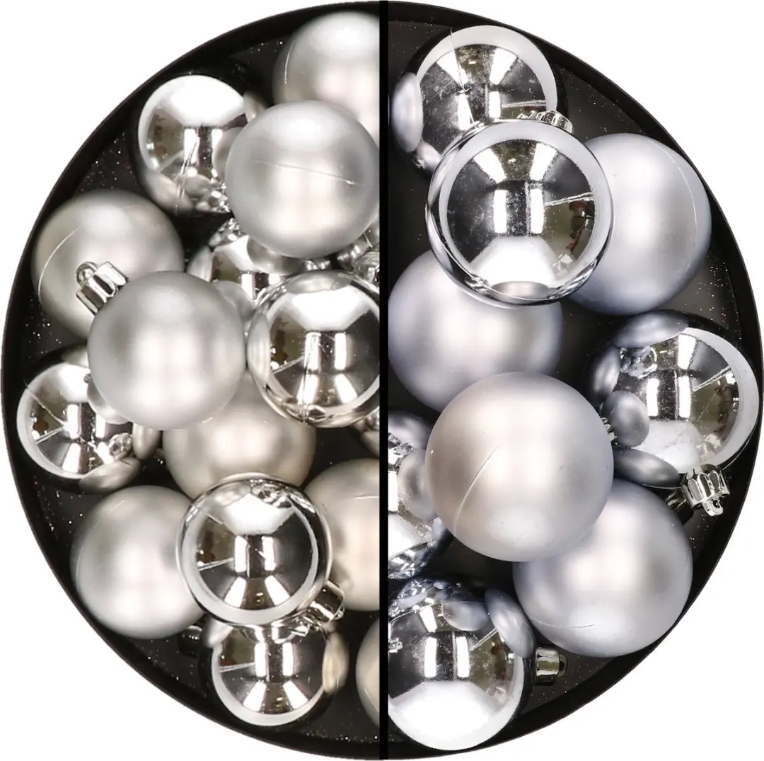 28x stuks kunststof kerstballen zilver 4 en 6 cm