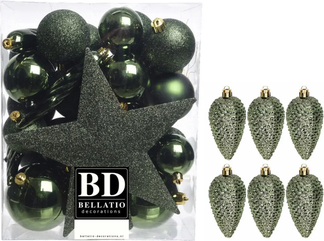 Kerstversiering kunststof kerstballen en hangers donkergroen 5-6-8 cm pakket van