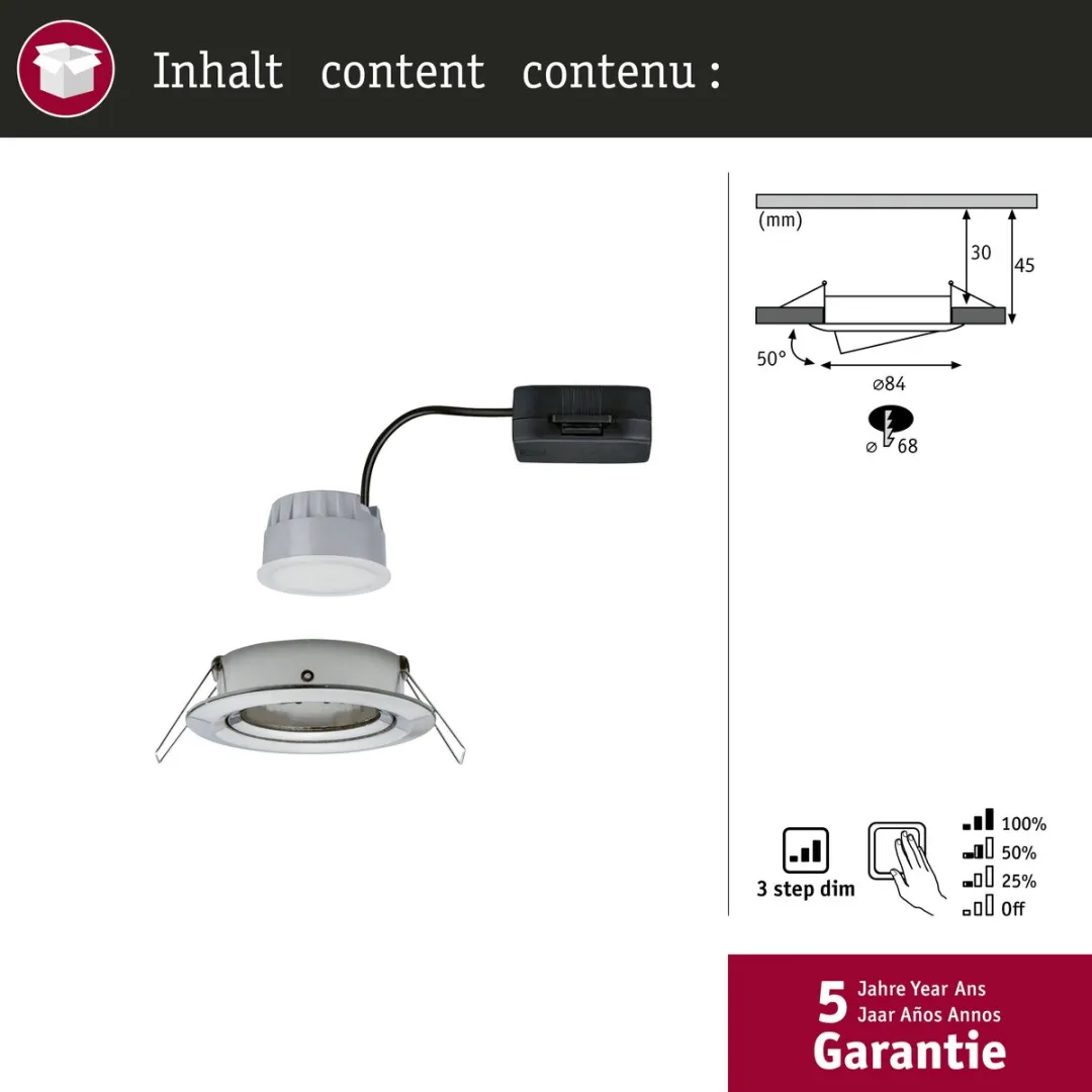 Paulmann LED-inbouwlamp Nova Coin 6W 470lm 2700K - 84mm Staal geborsteld - afbeelding 6 van 6
