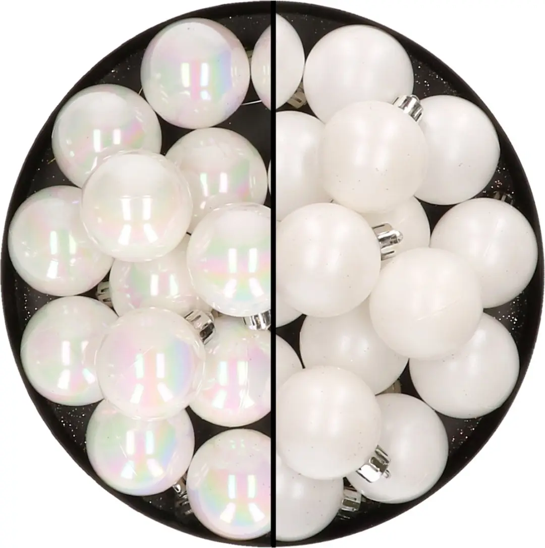 32x stuks kunststof kerstballen mix van parelmoer wit en wit 4 cm