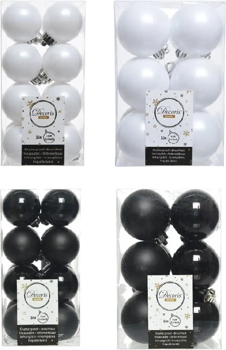 Kerstversiering kunststof kerstballen kleuren mix zwart/ winter wit 4 en 6 cm pa