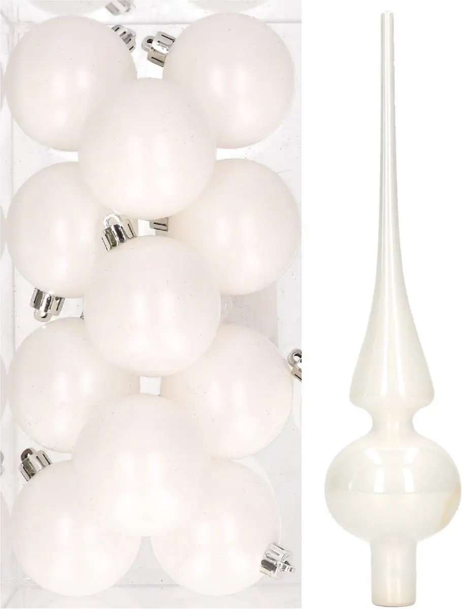 12x WInter witte kunststof kerstballen met glazen piek glans