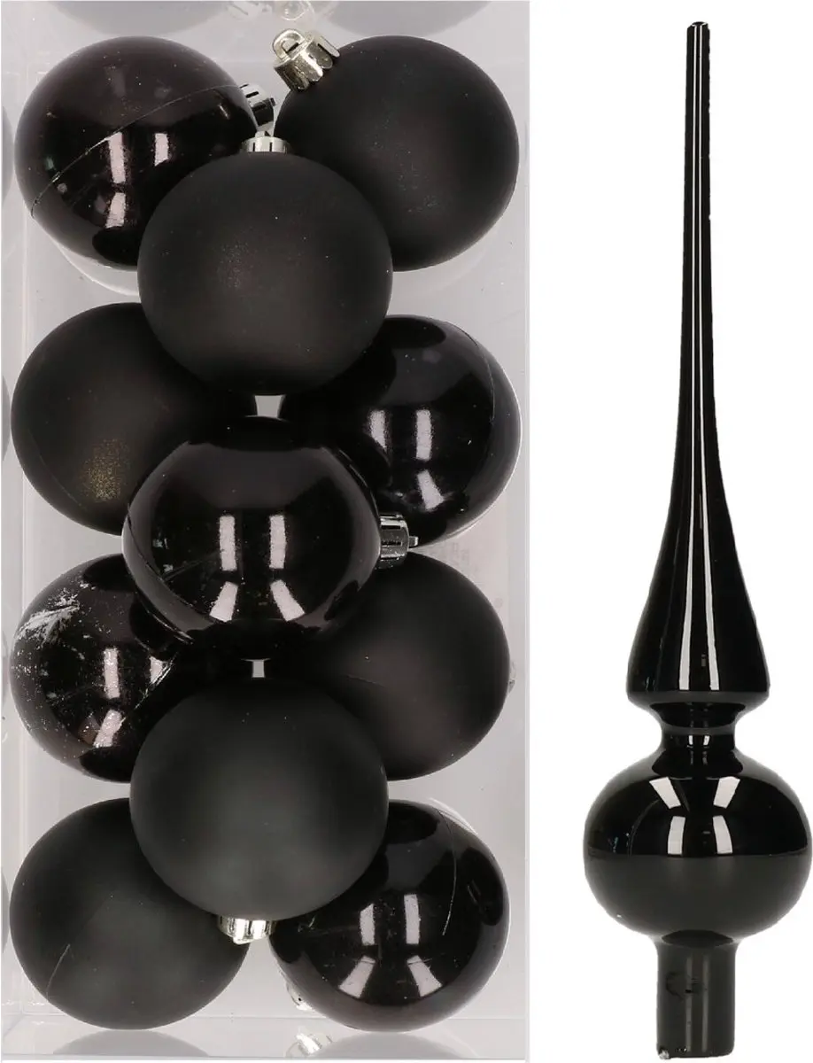12x Zwarte kunststof kerstballen met glazen piek glans