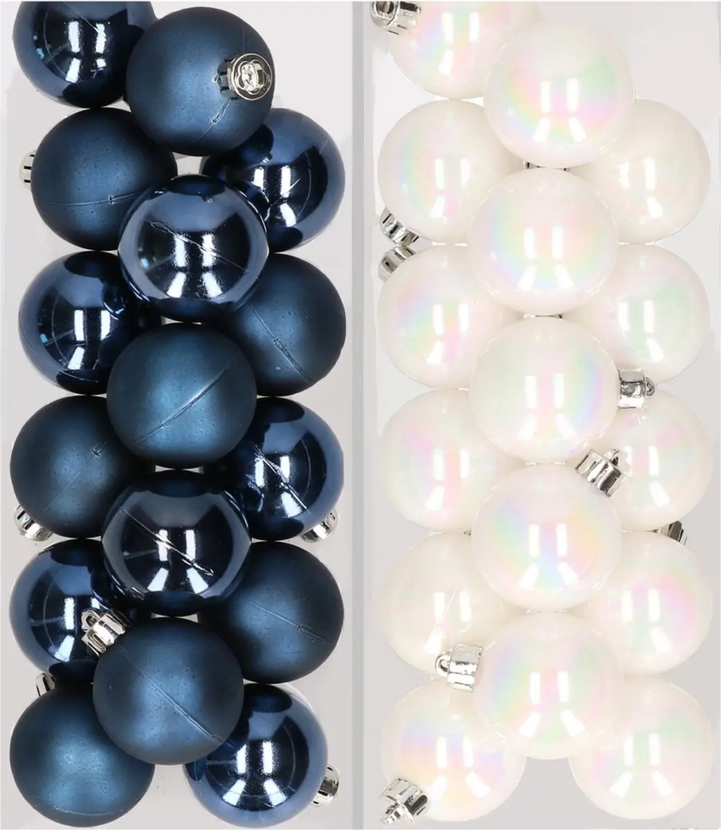 32x stuks kunststof kerstballen mix van donkerblauw en parelmoer wit 4 cm