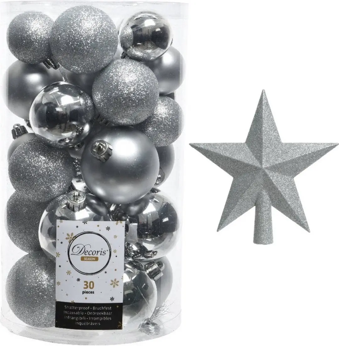 Kerstversiering kunststof kerstballen zilver 4-5-6 cm pakket van 31x stuks