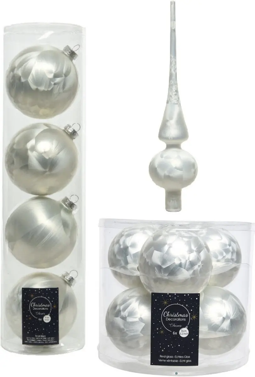 Glazen kerstballen pakket wit ijslak 10x stuks inclusief piek