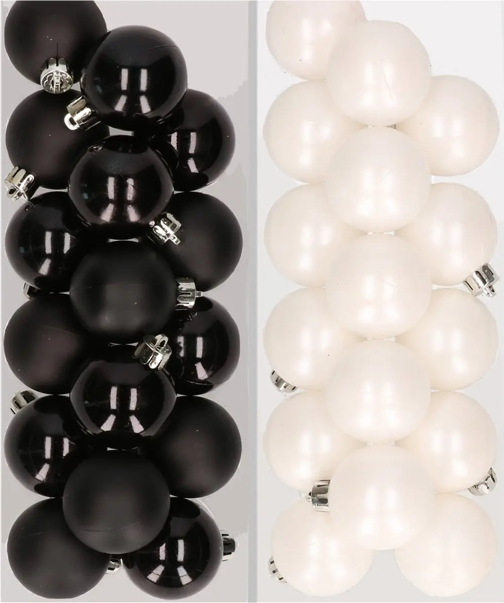 32x stuks kunststof kerstballen mix van zwart en wit 4 cm