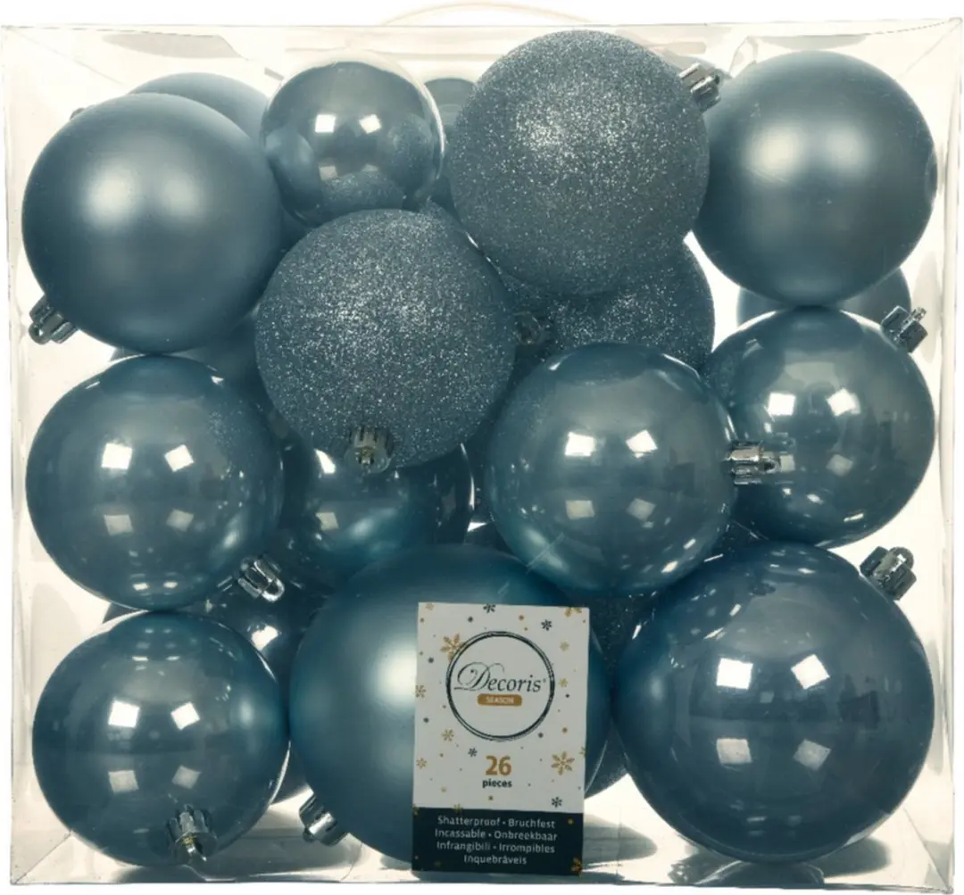 52x stuks kunststof kerstballen lichtblauw 6-8-10 cm