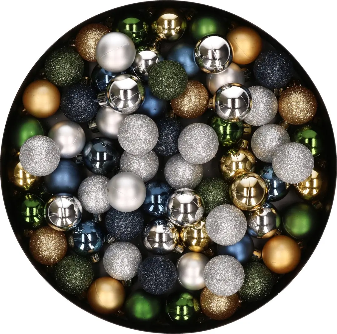 80x stuks kleine kunststof kerstballen mix groen/blauw/goud/zilver 3 cm