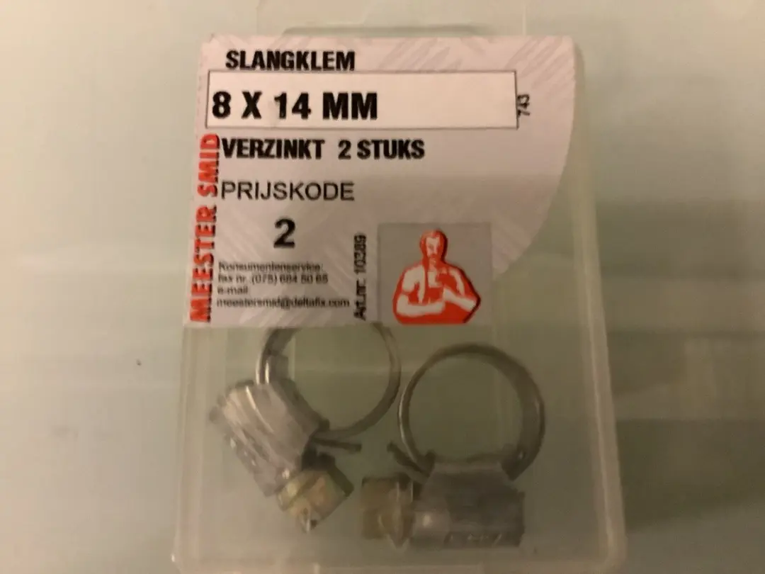 Slang klem. 8 x 14 mm. Verstelbaar. Verzinkt. 2 stuks.DeltafiX.