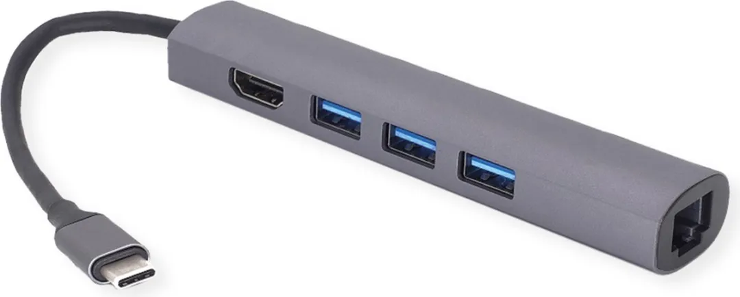 VALUE USB type C dockingstation, HDMI 4K, 3x USB type A, Gigabit Ethernet, grijs