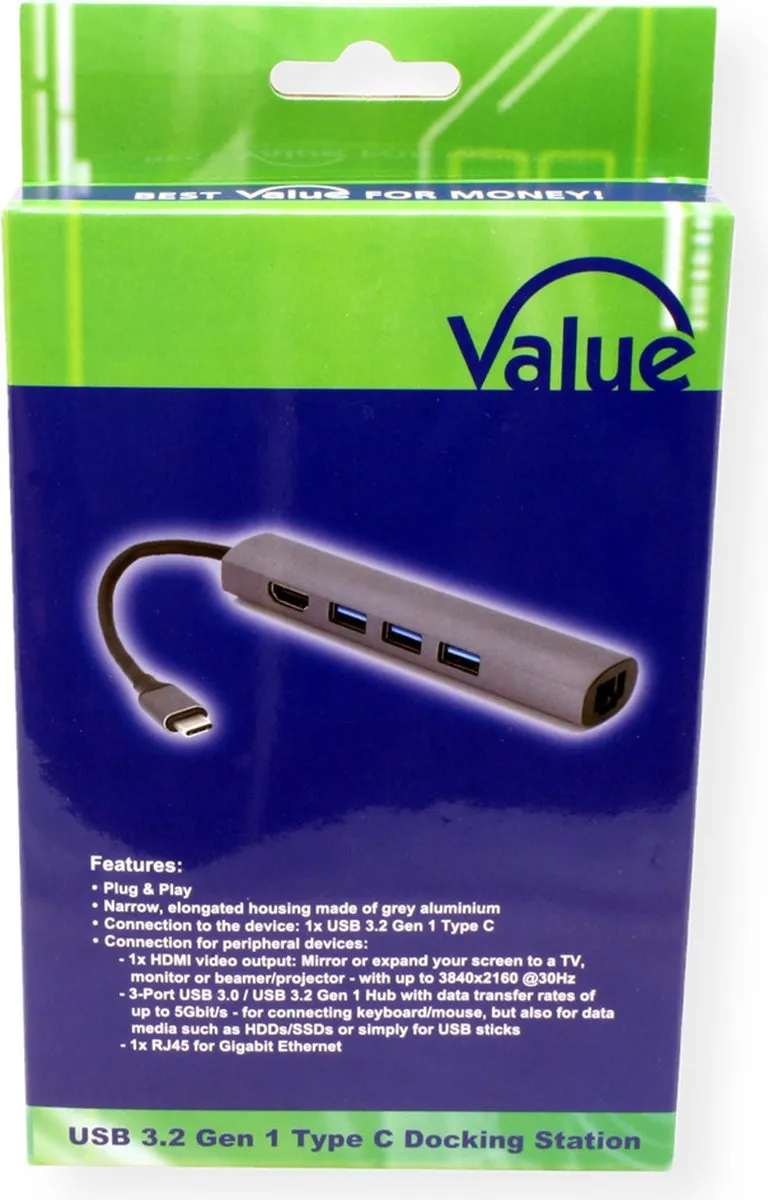 VALUE USB type C dockingstation, HDMI 4K, 3x USB type A, Gigabit Ethernet, grijs