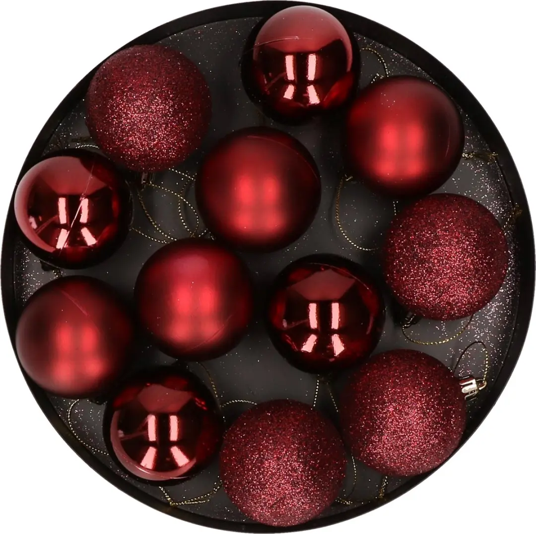 12x Donkerrode kunststof kerstballen 6 cm