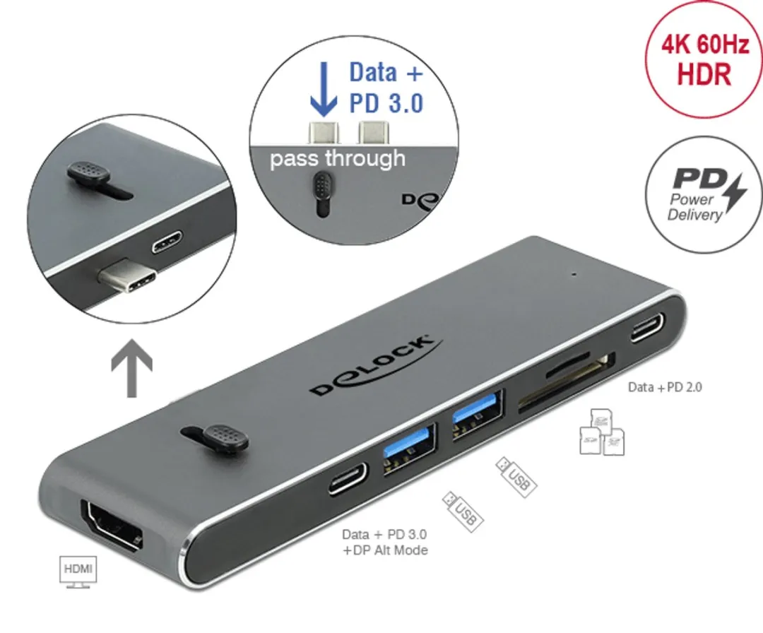 Delock 87752 Docking Station - USB-C/HDMI/USB 3.2/SD - Grijs