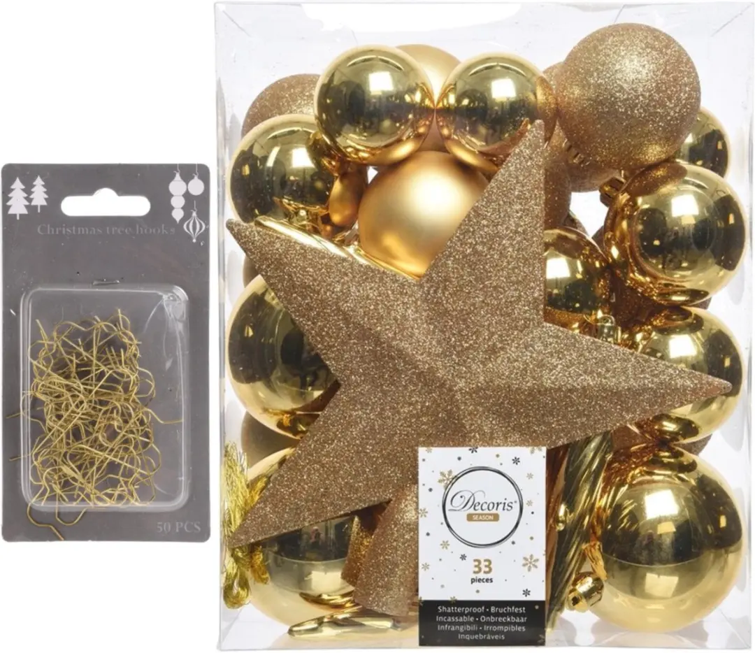 33x stuks kunststof kerstballen 5, 6 en 8 cm goud inclusief ster piek en kerstba