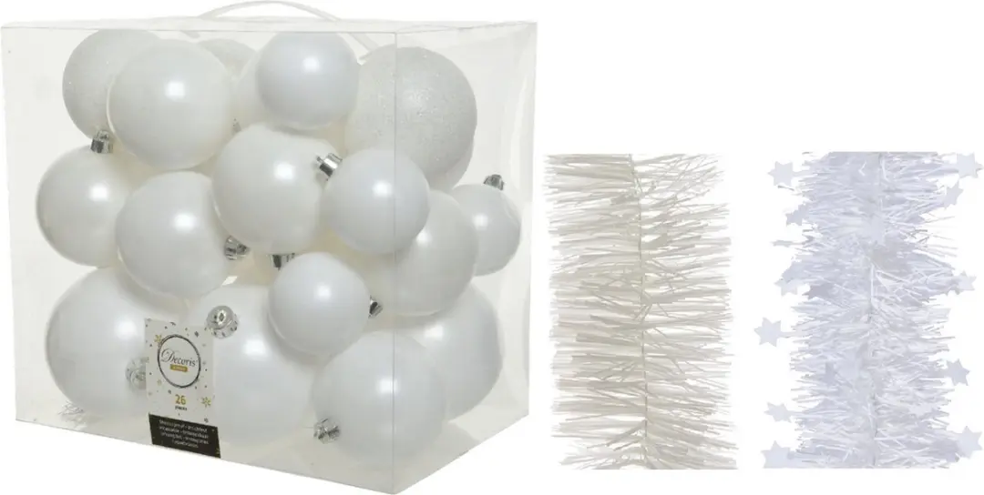 Kerstversiering kunststof kerstballen 6-8-10 cm met folieslingers pakket winter