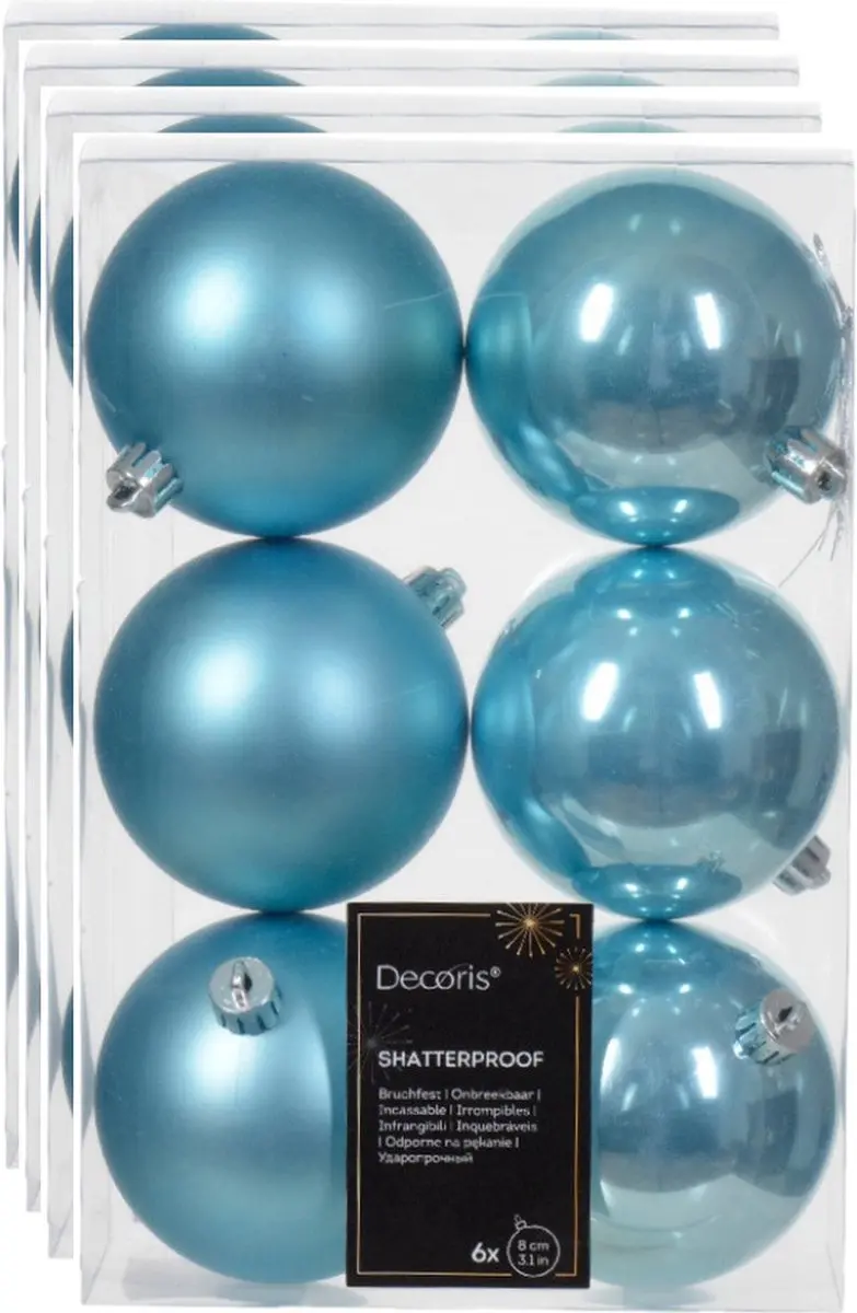Decoris kerstballen - 24x - 8 cm - kunststof - ijsblauw / suiker blauw