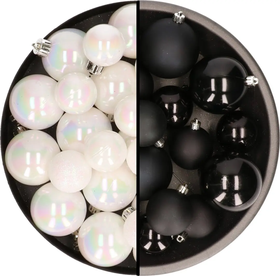 Kerstversiering kunststof kerstballen kleuren mix zwart/parelmoer wit 4-6-8 cm p