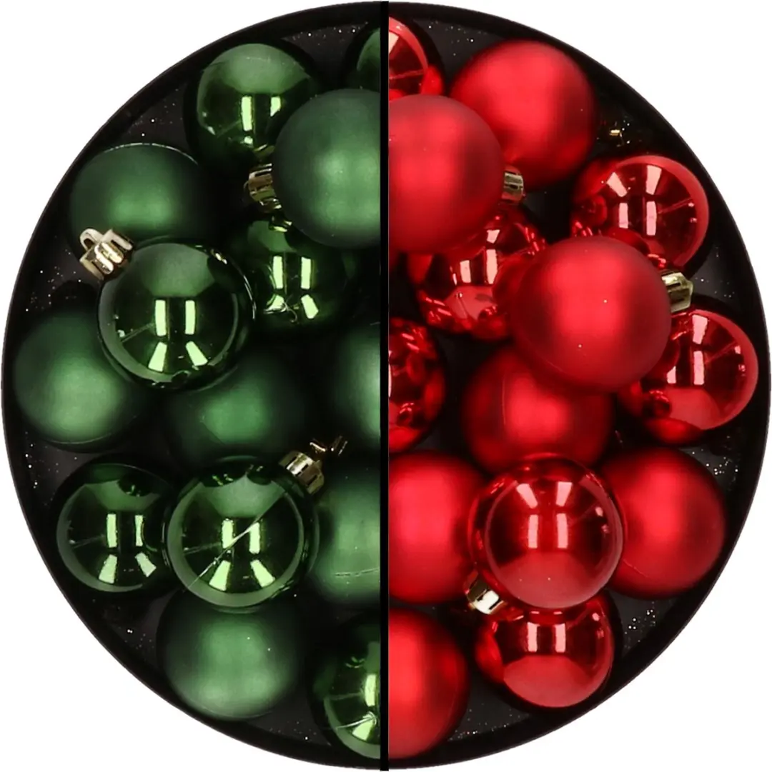 32x stuks kunststof kerstballen mix van donkergroen en rood 4 cm