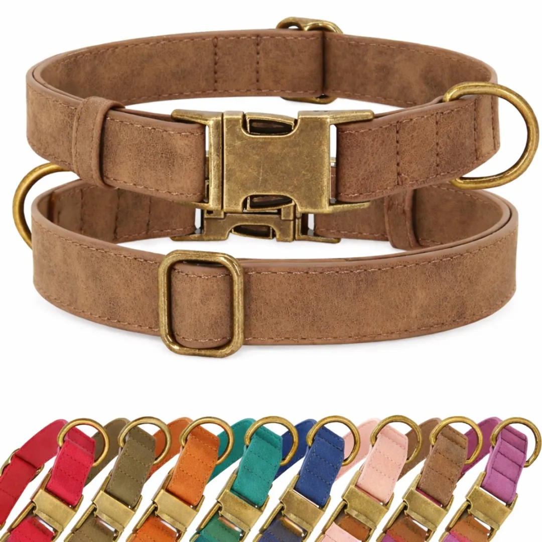 Dierboetiek Leren Halsband - Roestvrij staal - Bruin - M