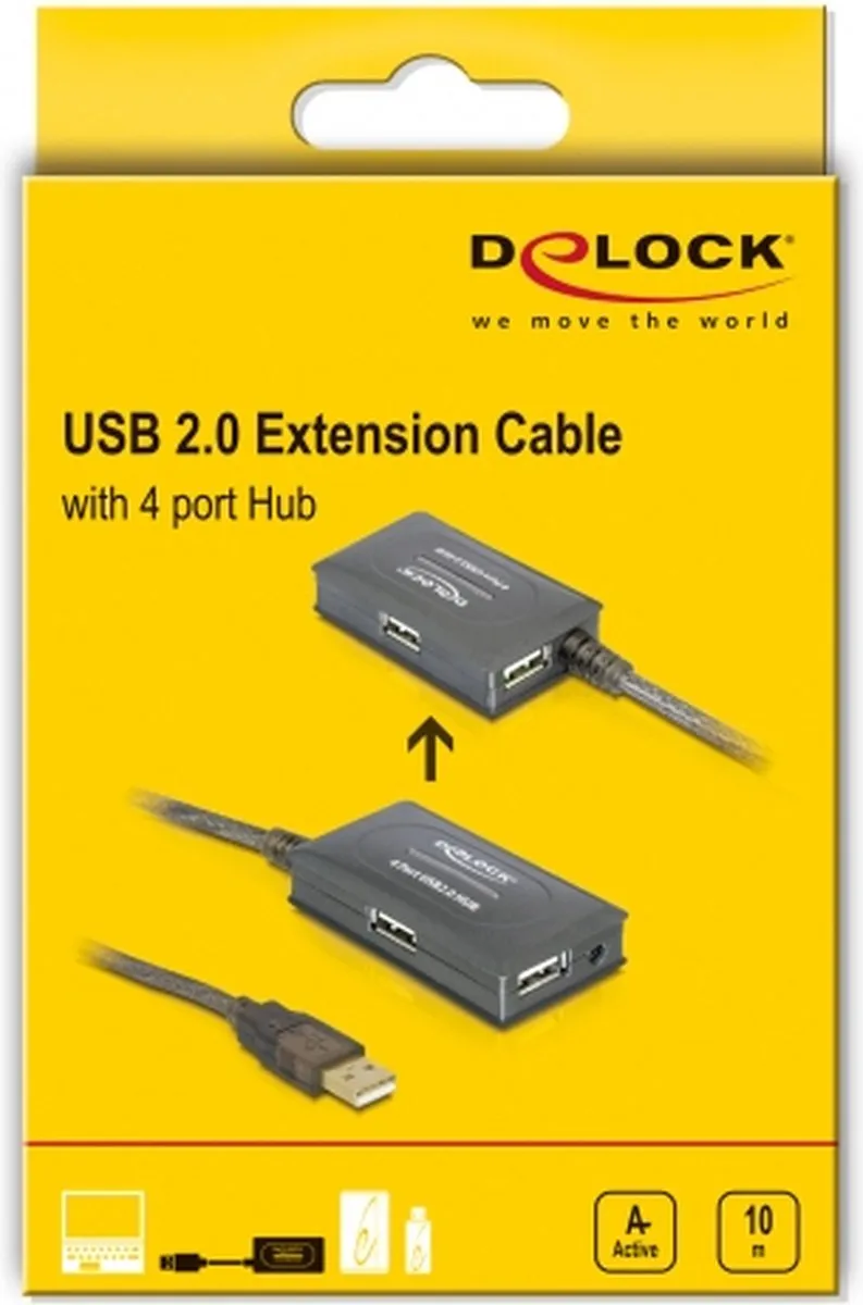Delock USB 2.0 Verlengkabel & Hub 10m - 4 Poorten - Zwart