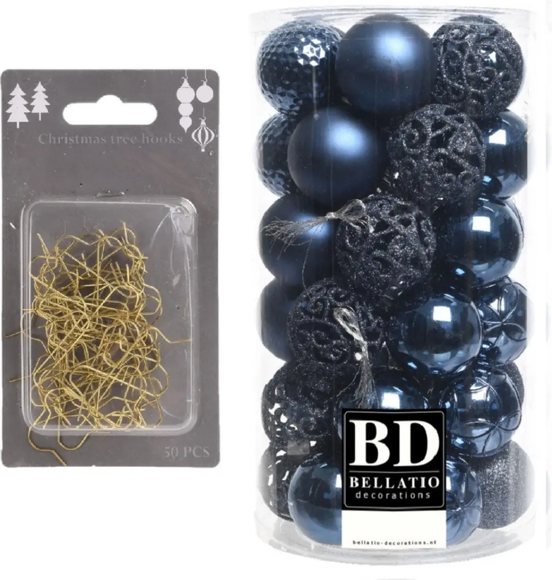 37x stuks kunststof kerstballen donkerblauw 6 cm inclusief gouden kerstboomhaakj