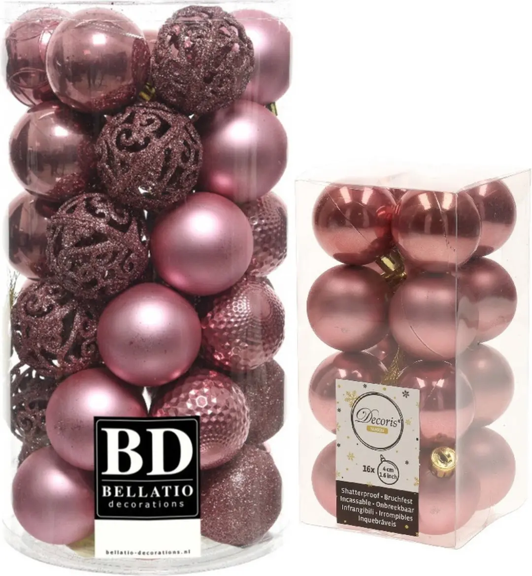 Kerstversiering kunststof kerstballen oud roze 4-6 cm pakket van 53x stuks