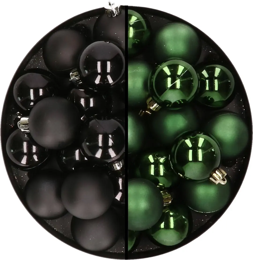 32x stuks kunststof kerstballen mix van zwart en donkergroen 4 cm