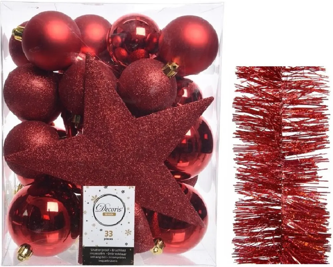Kerstversiering kunststof kerstballen 5-6-8 cm met ster piek en glitter slingers
