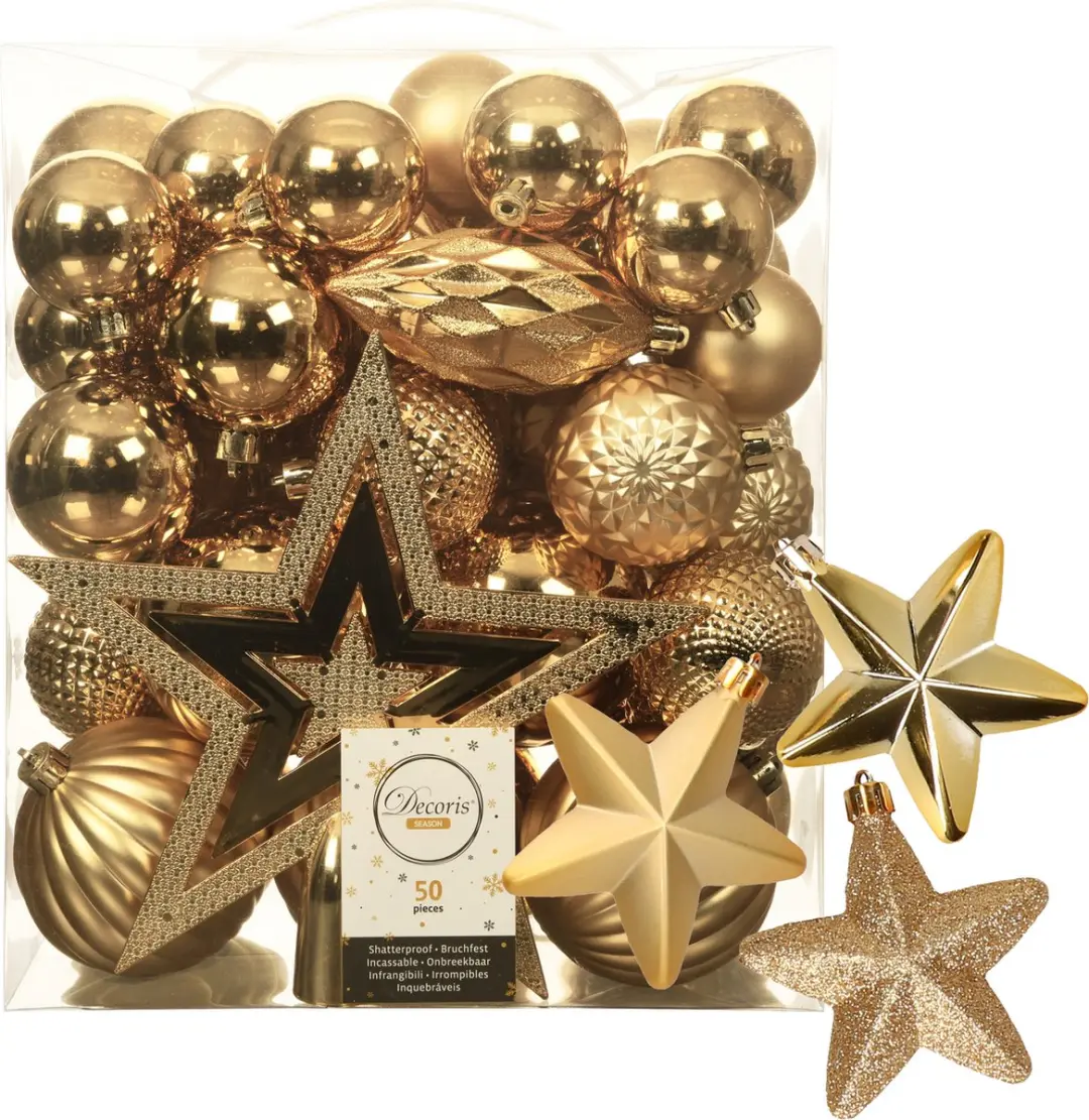 Kerstballen, kerstornamenten en piek