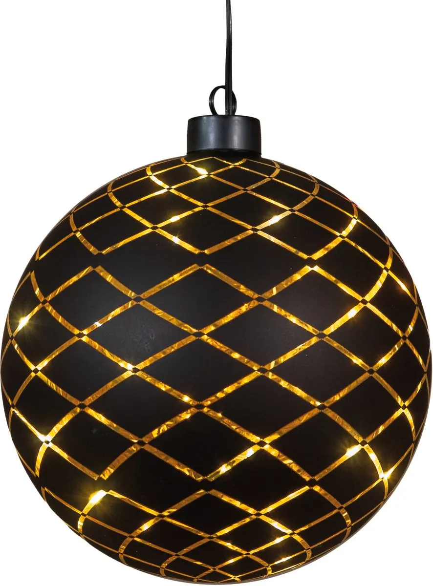 Anna's Collection Verlichte kerstbal - goud - 15 cm - Diamant patroon - 12 LED lampjes - warm-wit - batterij - hangdecoratie
