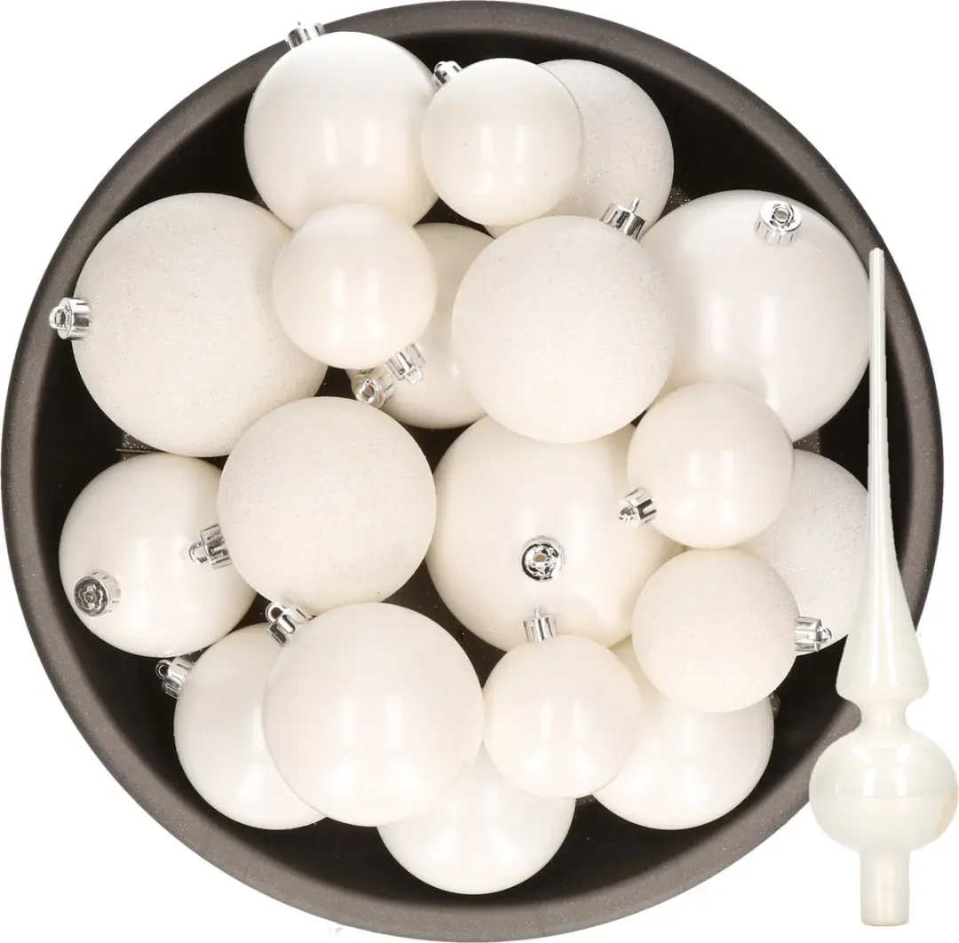 Kerstversiering kunststof kerstballen winter wit 6-8-10 cm pakket van 27x stuks