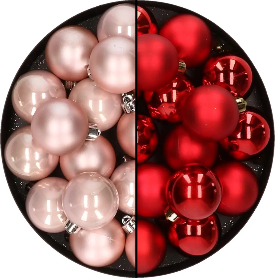 32x stuks kunststof kerstballen mix van lichtroze en rood 4 cm