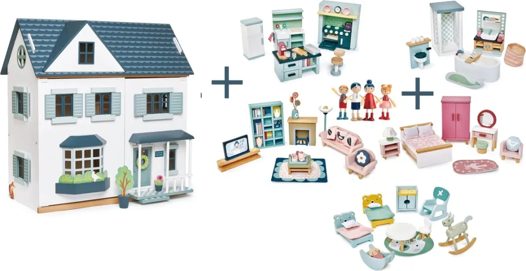 [F] Tender Leaf uniek houten poppenhuis XL in neutrale kleuren inclusief houten poppen familie - woonkamer meubeltjes, slaap en keuken meubels, badkamer meubels en kinderkamer meubels - 68 x 70 cm