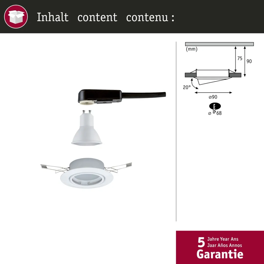 Paulmann Base LED-inbouwlamp GU10 5W 350lm 3000K - Wit - afbeelding 6 van 6