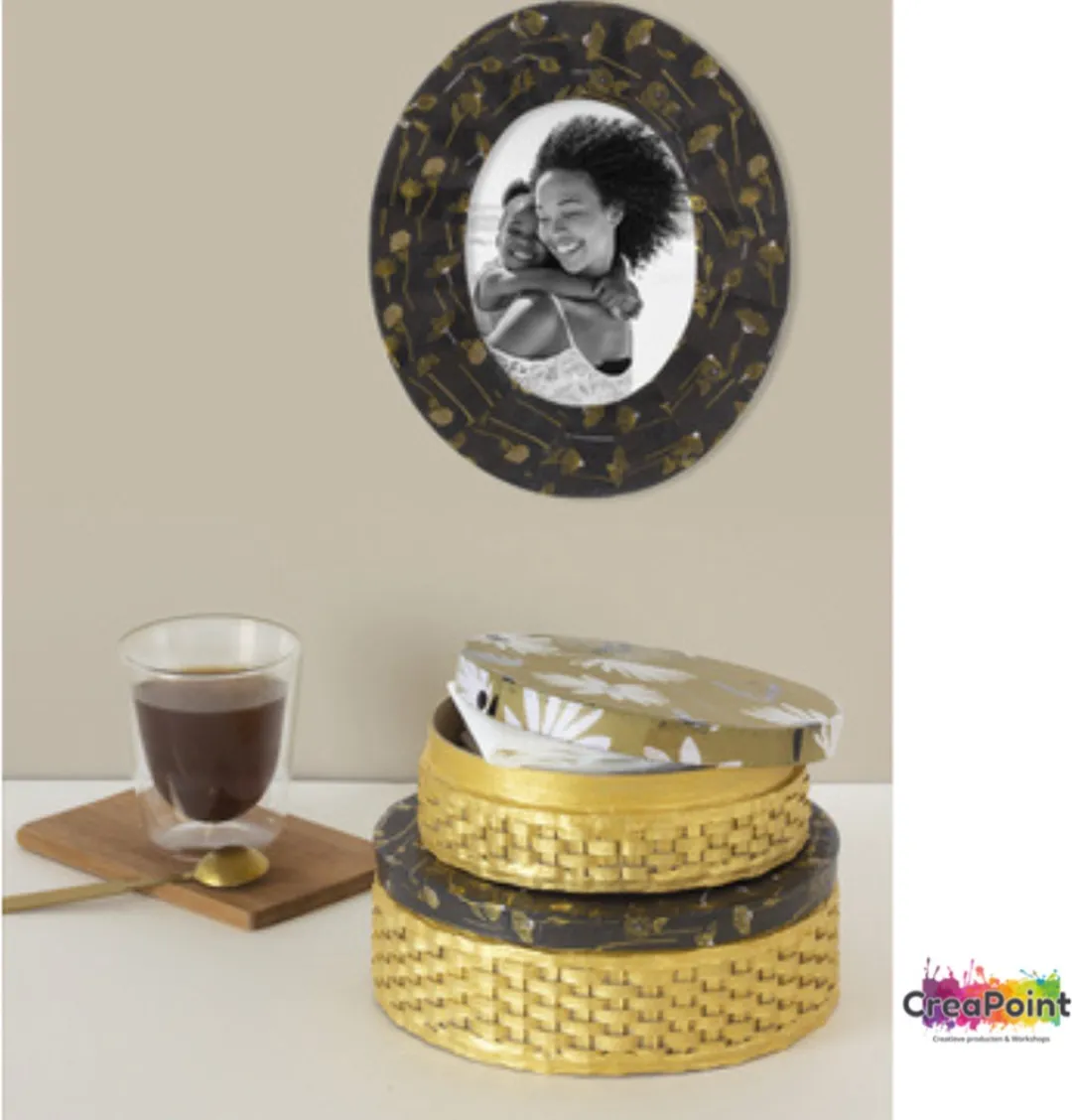 Decopatch Texture Papier A3 Beige met Witte/Zwarte Bloemen - 3 Kleuren