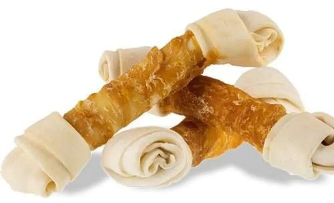 5x DierOKÉ grote kauwknoop runderhuid met heerlijke omwikkelde kip - kipbot - rawhide - 5st - natuurlijke hondensnacks - graanvrij