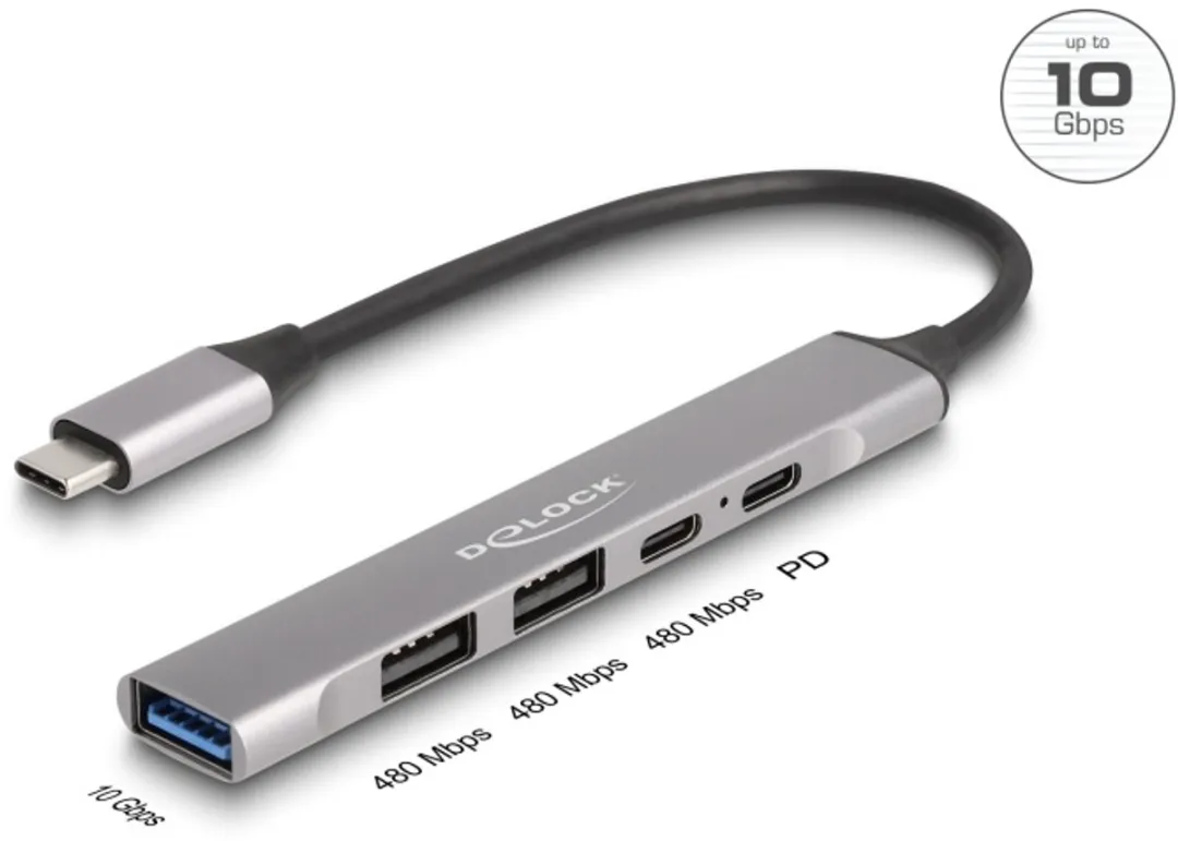 Delock 64298 USB-C Hub 4 Poorten - Grijs