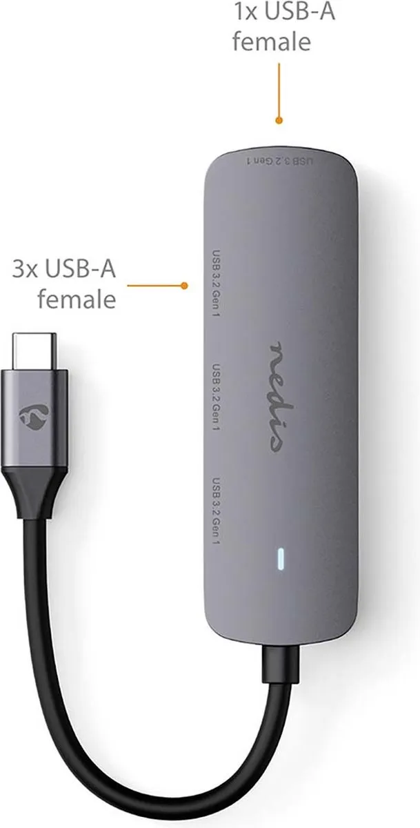 Nedis USB-Hub CCGB64220GY01 - 4 Poorten USB 3.2 - Grijs