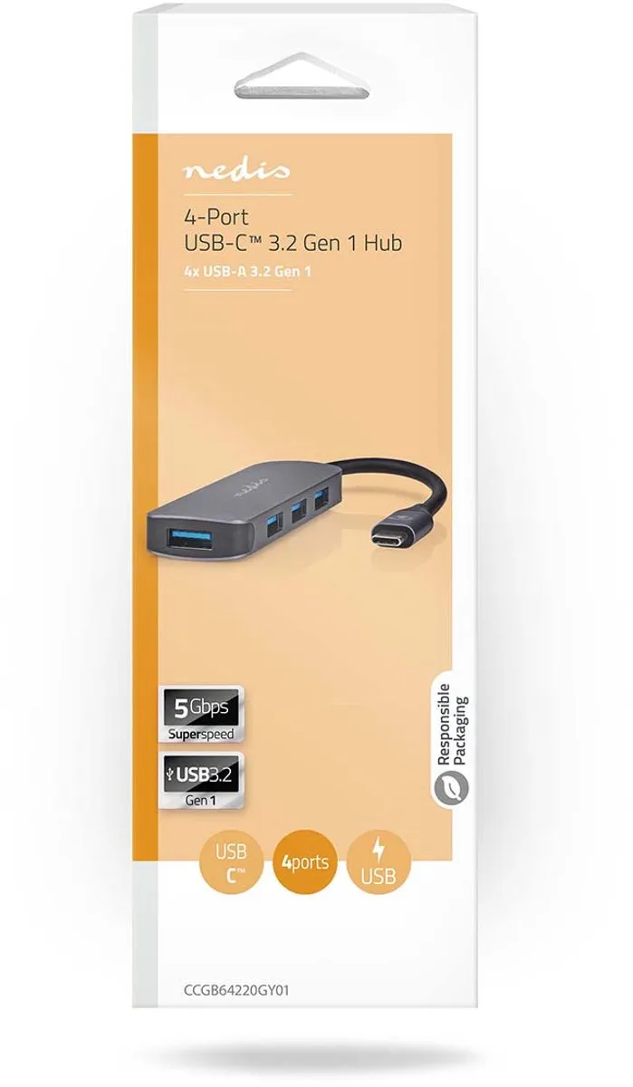 Nedis USB-Hub CCGB64220GY01 - 4 Poorten USB 3.2 - Grijs