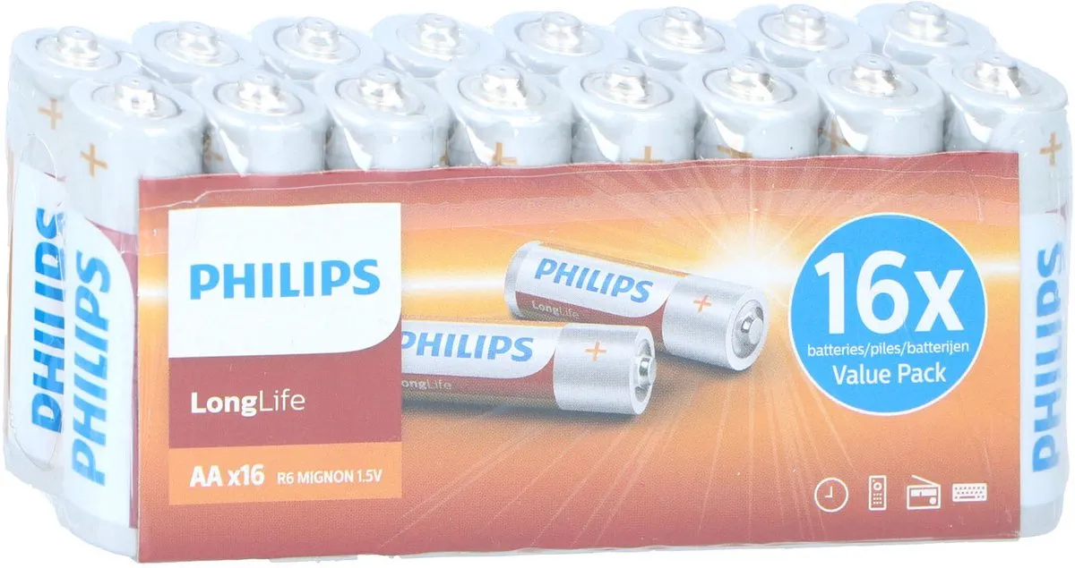 Philips Longlife AA Batterijen 1400mAh - 16 Stuks