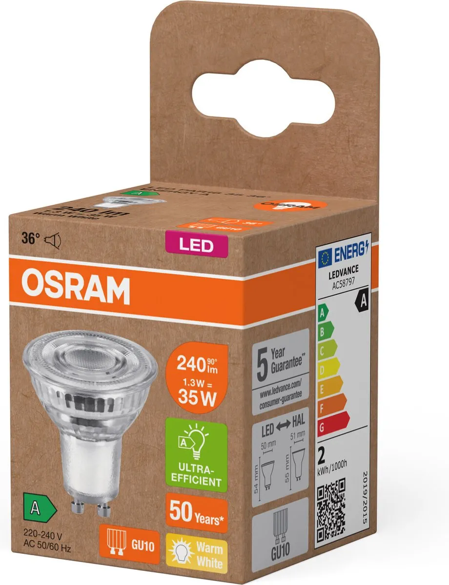Osram PAR16 LED Reflectorlamp 1,3W 240lm Warm Wit GU10 - afbeelding 6 van 6