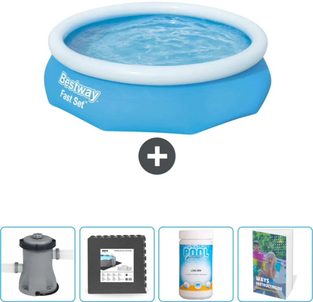 Bestway Rond Opblaasbaar Fast Set Zwembad - 305 x 76 cm - Blauw - Inclusief Pomp - Vloertegels - Chloor - Zwembadgids