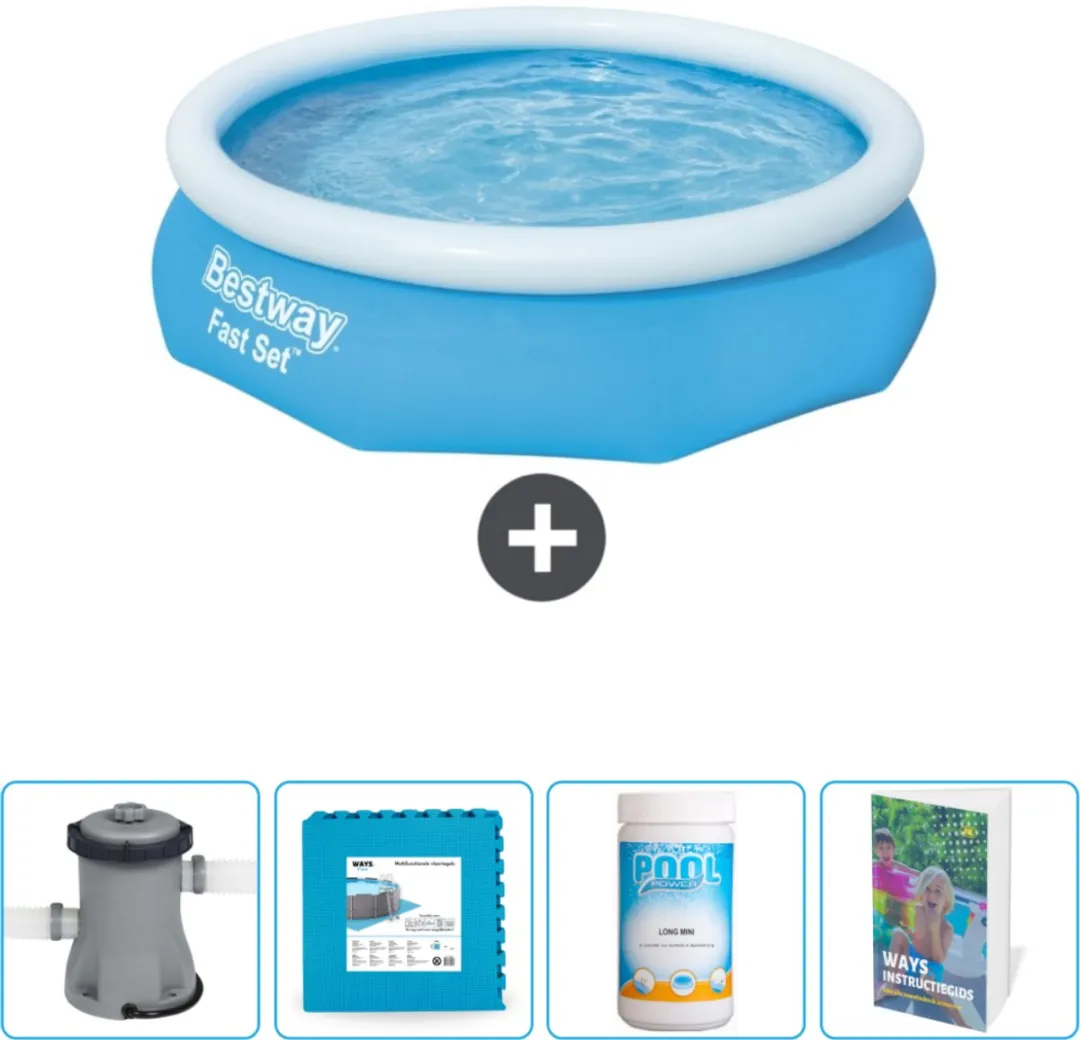 Bestway Rond Opblaasbaar Fast Set Zwembad - 305 x 76 cm - Blauw - Inclusief Pomp - Vloertegels - Chloor - Zwembadgids