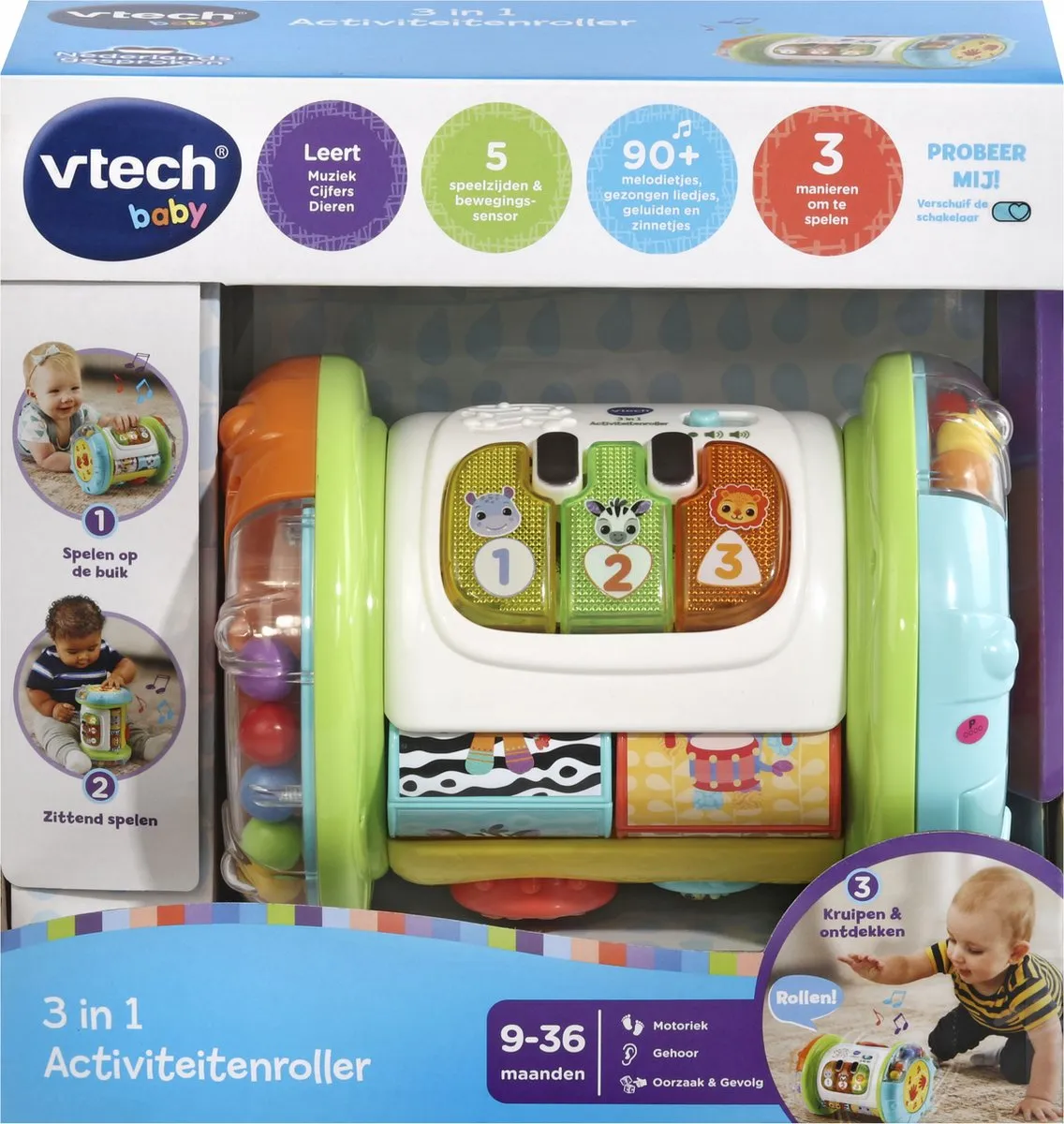 VTech Baby 3-in-1 Kruiprol - Educatief Speelgoed - Activiteitenroller met Lichts- en Geluidseffecten - Baby Speelgoed