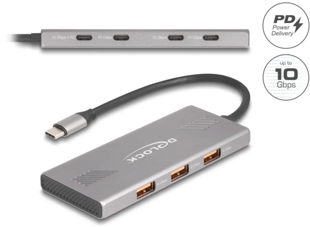 Delock 7-Port USB Hub 10Gbps - 4x USB-C & 3x USB-A - PD 80W - Grijs