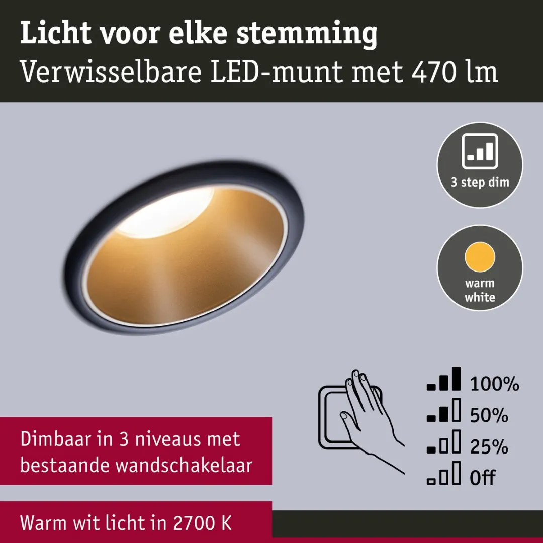 Paulmann LED-inbouwlamp 3-Step-Dim Cole Coin 6W - 470lm - 88mm - Zwart/Goud mat