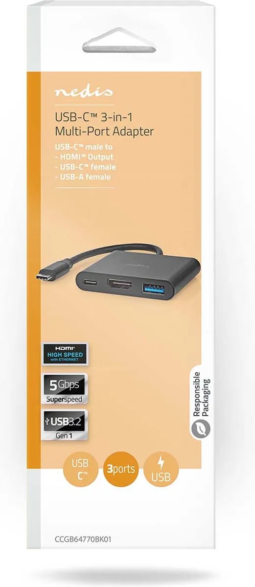 Nedis CCGB64770BK01 USB Multi-Port Adapter - USB-C/HDMI/USB-A - 5Gbps - 10cm - Zwart - afbeelding 6 van 6