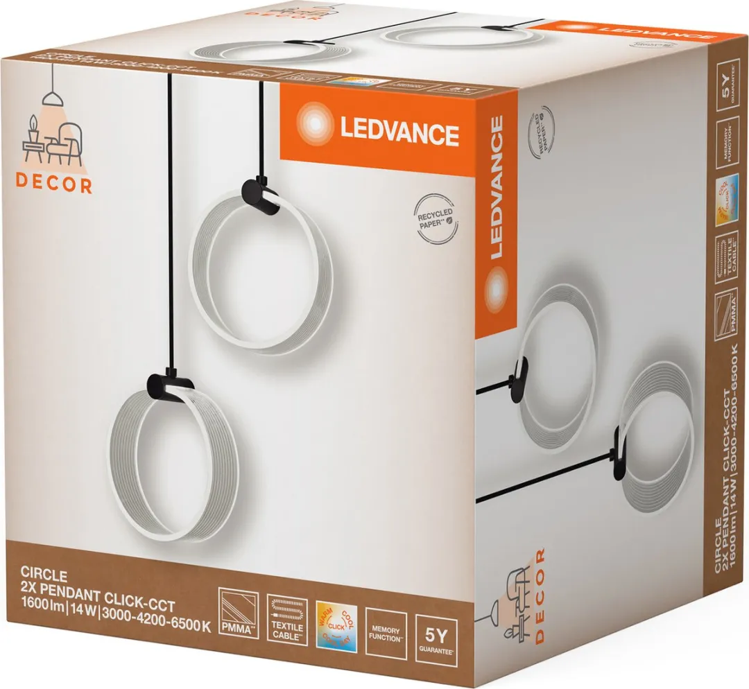 LEDVANCE Decor Circle 2X Hanglamp 14W Click CCT - Zwart - afbeelding 6 van 6